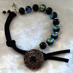 Hand Crafted Bracelet Leather and Beads Black  7.5 "